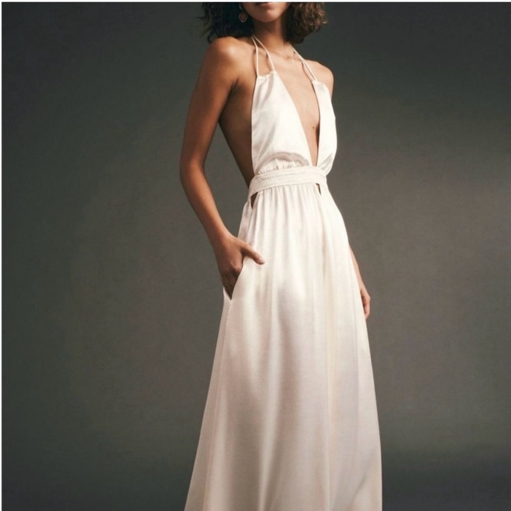 NWOT Free People Look Into The Sun Gown Ivory Halter Satin Maxi Dress Size L